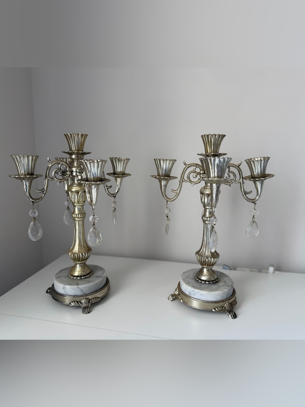 Pair Vintage Silver Tone 5-Arm Candelabra Crystal Prisms Marble Base 12” Tall